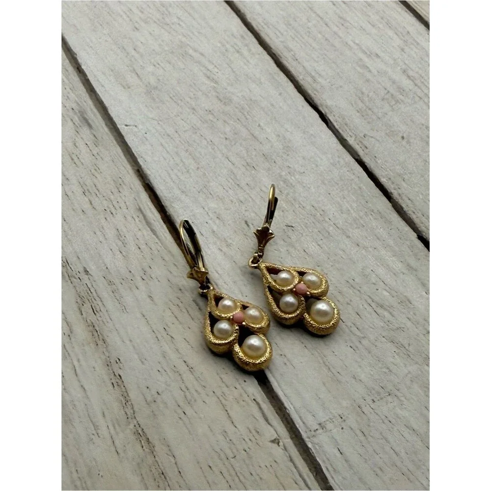 Avon Gold tone Pearl Drop Earrings with Pink Accent - Women's Jewelry